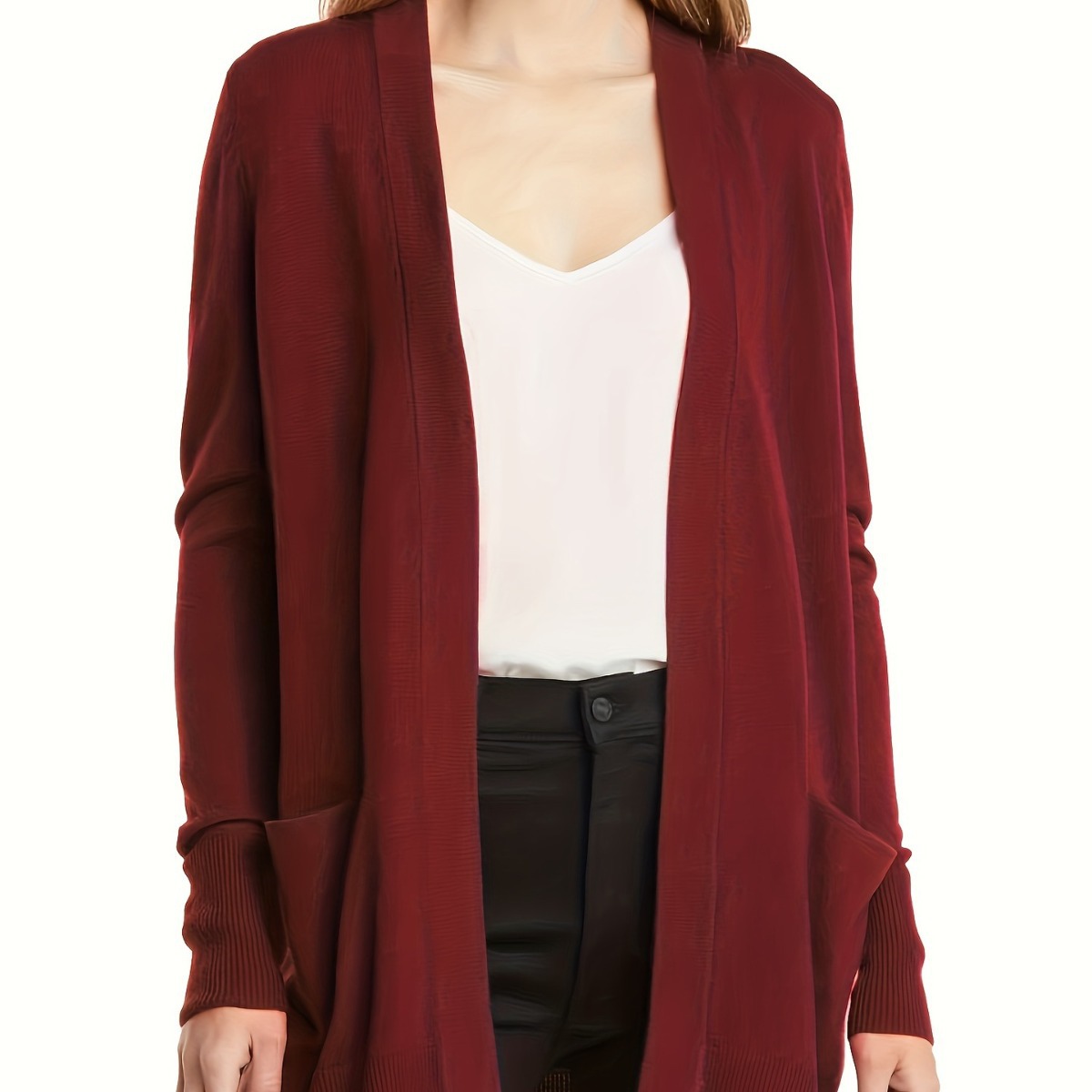Women's Mid-Length Open-Front Wool Cardigan Sweater, Loose Fit, Solid Color