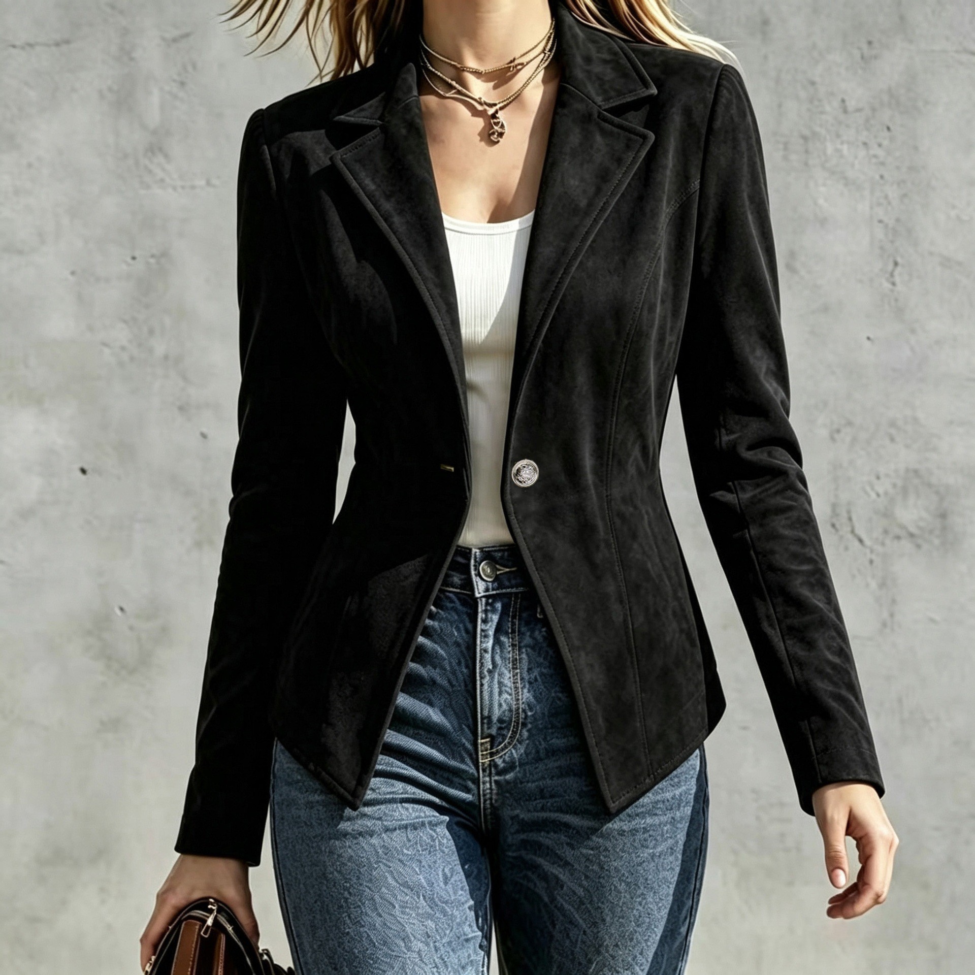 Suede Women's Jacket with Lapel Collar and One-Button Closure
