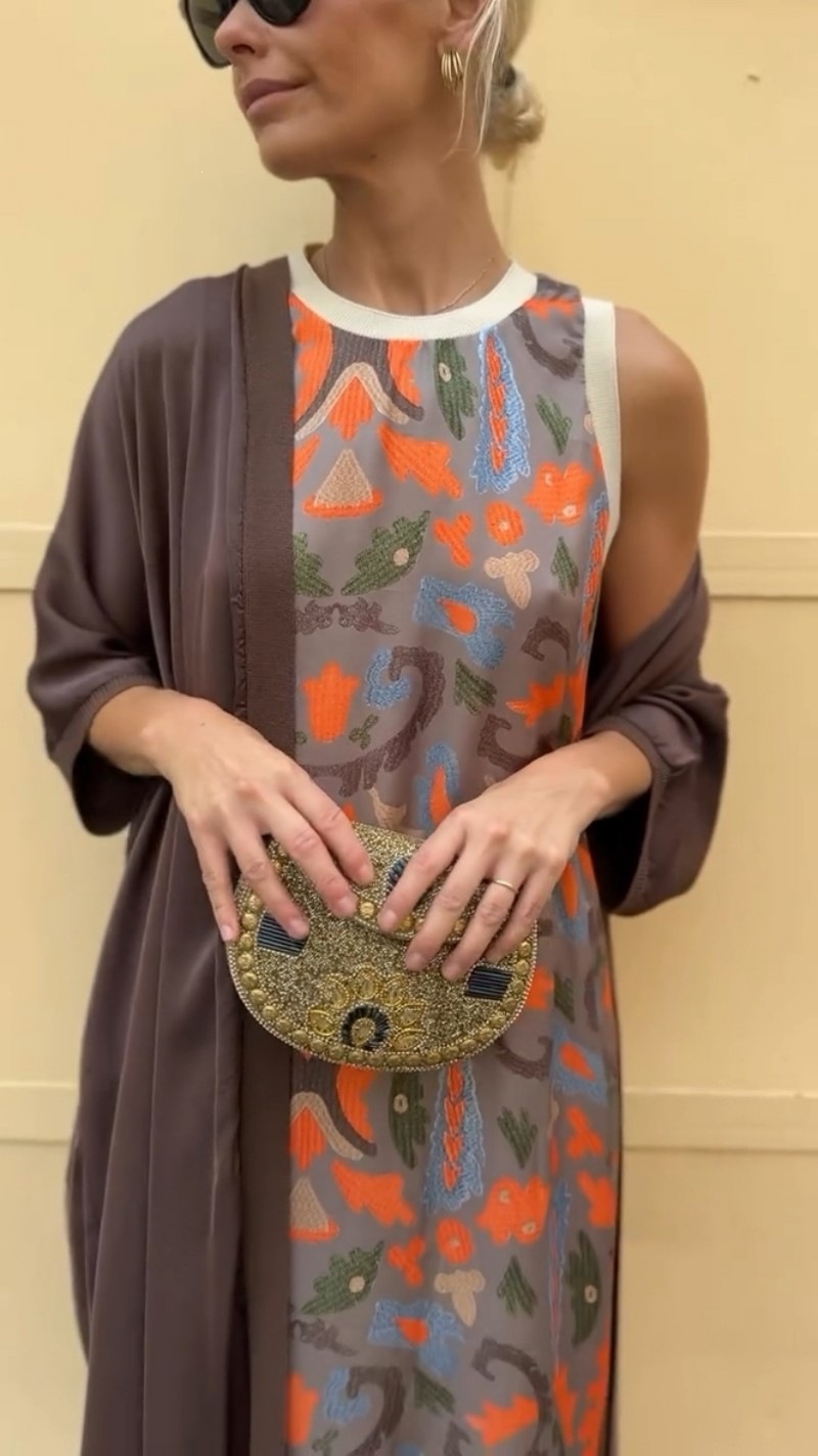 Elegant Printed Round Neck Two-Piece Maxi Dress with Cape