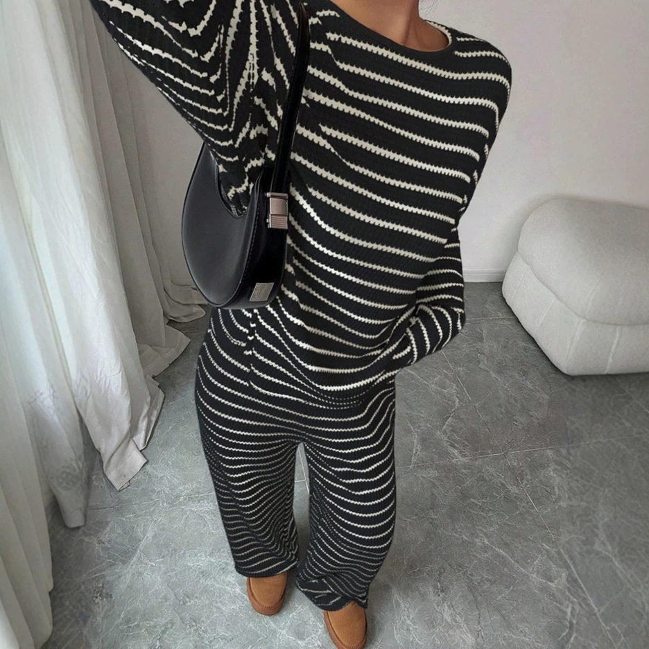 Women's Striped Round Neck Long Sleeve Top and Pants Two-Piece Set