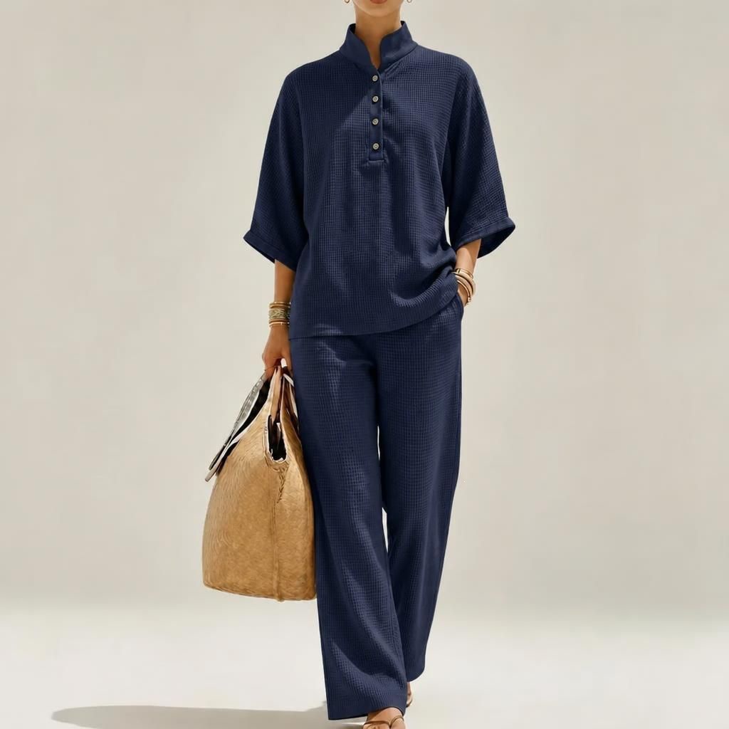2026 New Casual Loose Stand Collar Set Breathable Waffle Wide-Leg Pants Two-Piece Set European American Best-Seller Women's Clothing