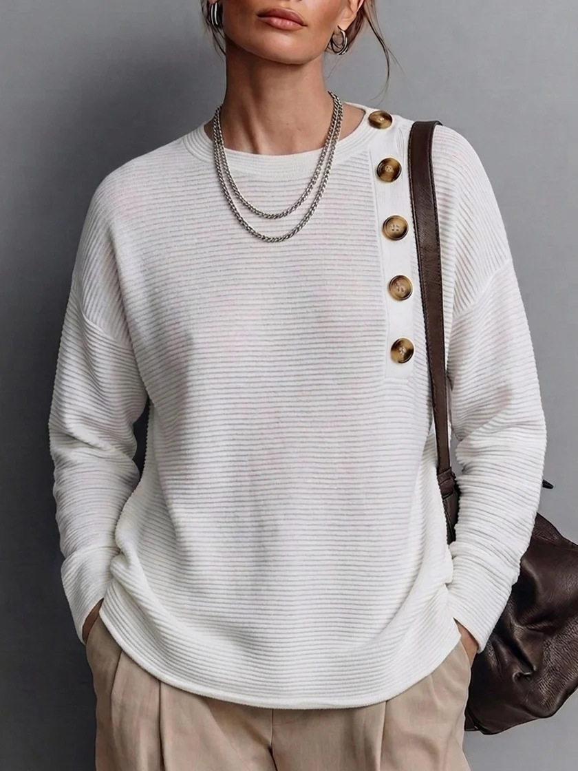 Women's Solid Button Knit Shirt Long Sleeve Crew Neck Loose Fit