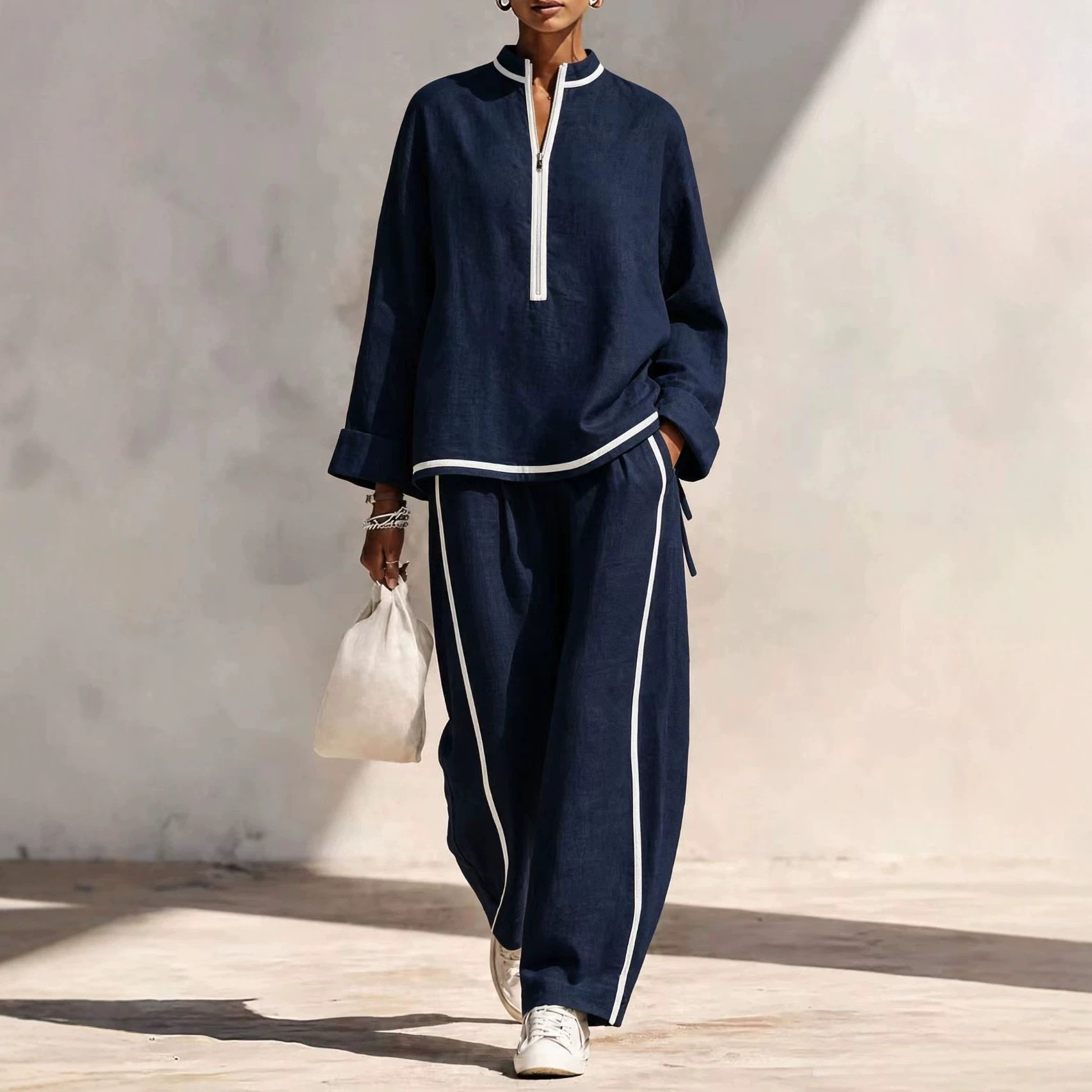 Women's Casual Two-Piece Set with Half-Zip Stand Collar Top and Wide-Leg Pants