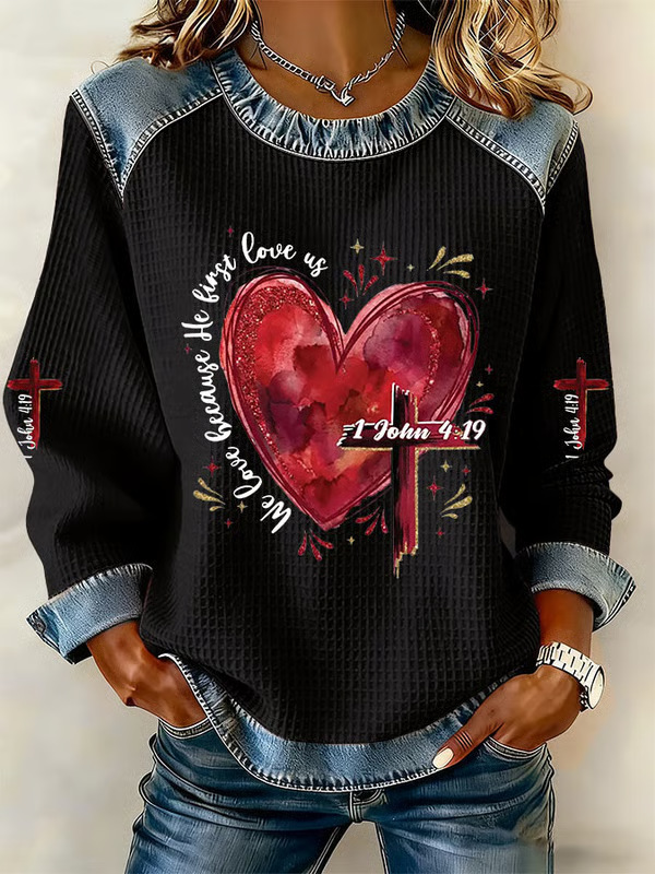 Women's Heart Cross Letter Print Crewneck Sweatshirt
