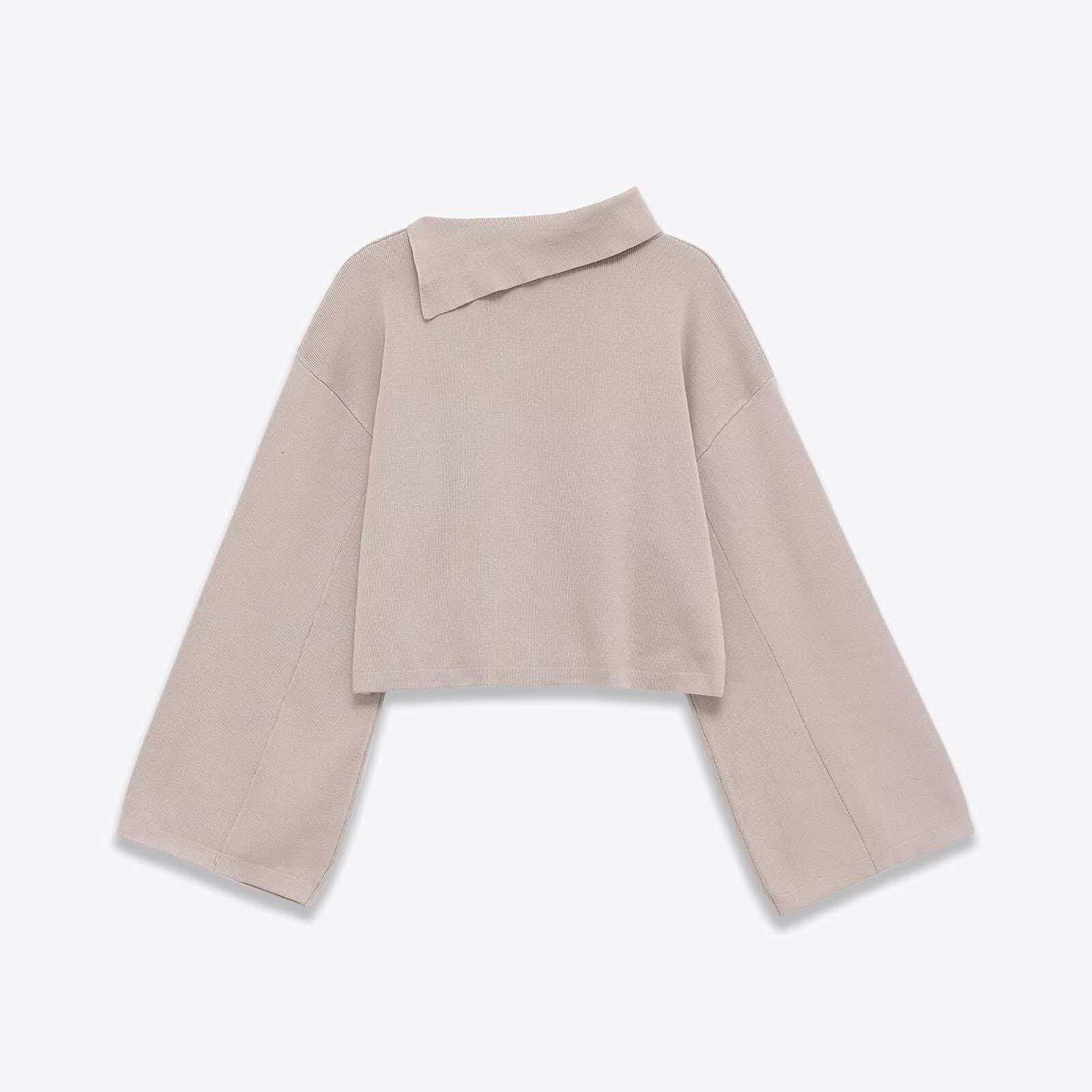 Soft Asymmetric Neck Rolled-Edge Cropped Knit Sweater