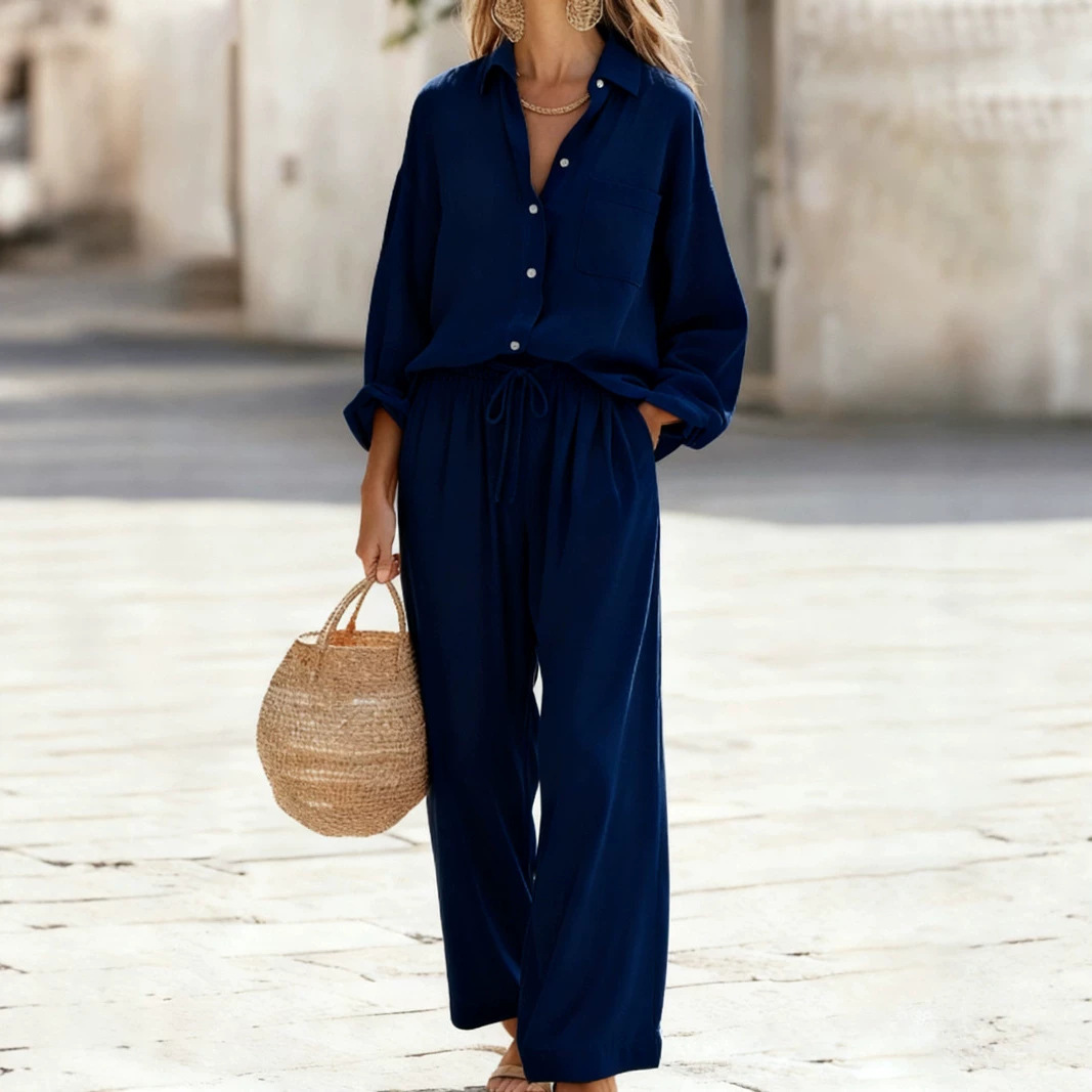 Women's Solid Color Faux Linen Long Sleeve Shirt and Pants Set