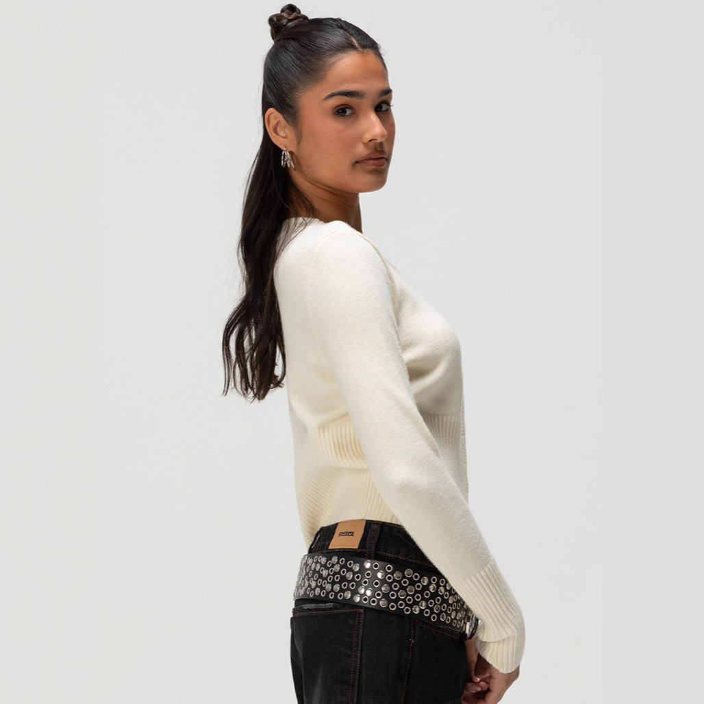 Women's American Retro Solid Crewneck Button-Up Cropped Knit Cardigan Low-Rise Anti-Slip Long Sleeve Top