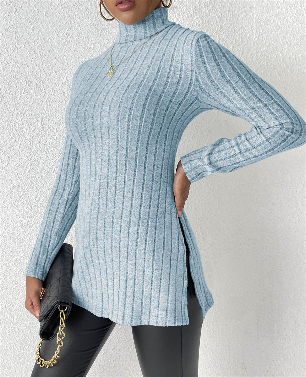 High Neck Slim Fit Split Hem Long Sleeve Midi Sweater