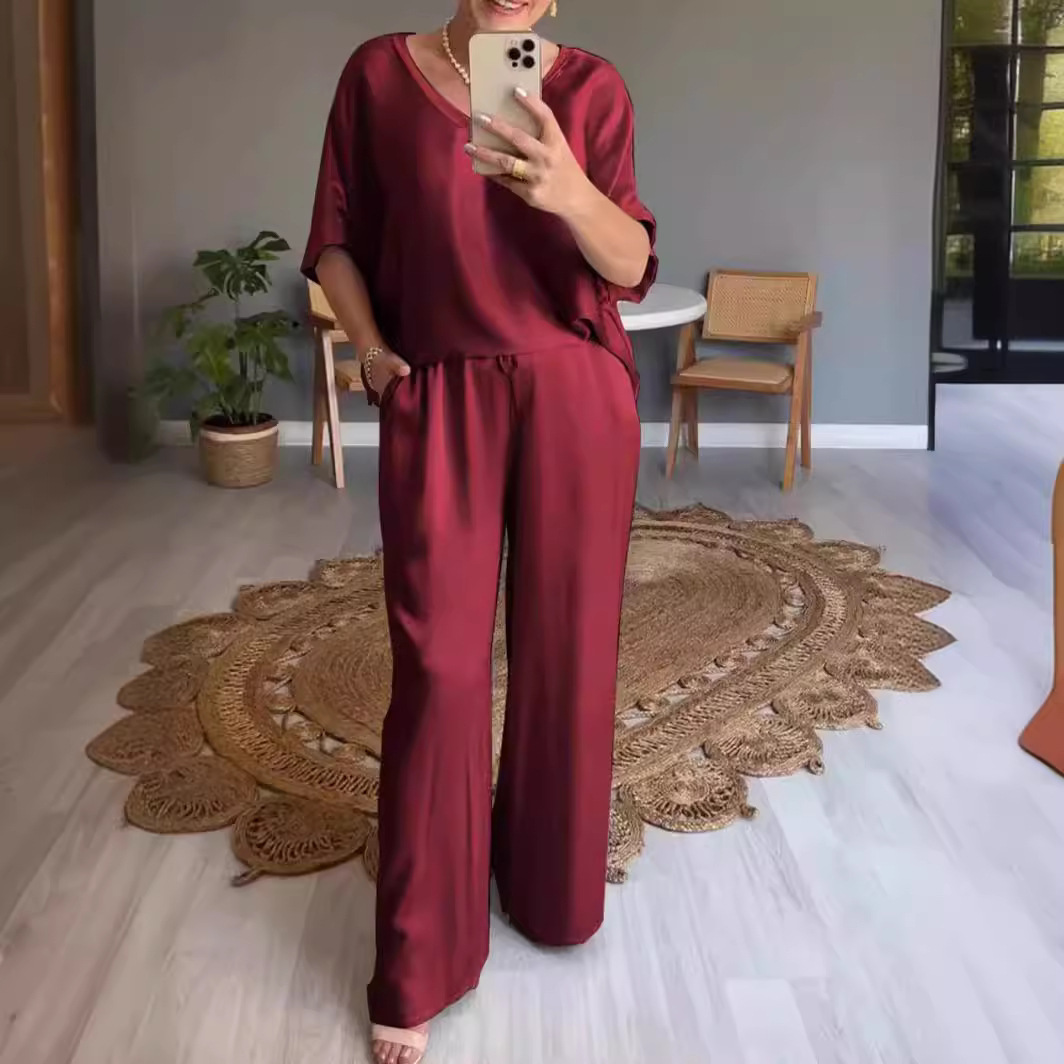 Women's Solid Silk-Finish V-Neck Casual Two-Piece Pants Set