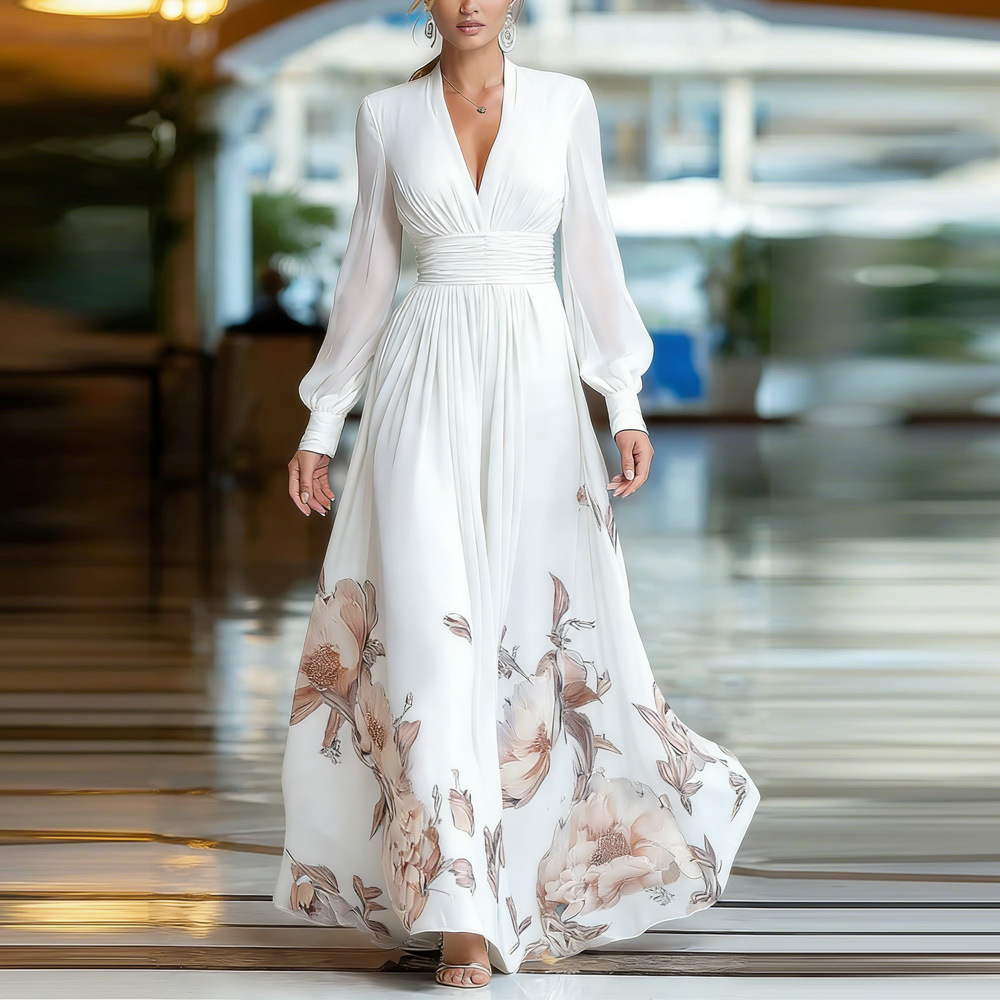 Long Mesh Panel French Slim Fit Floral Print Maxi Dress