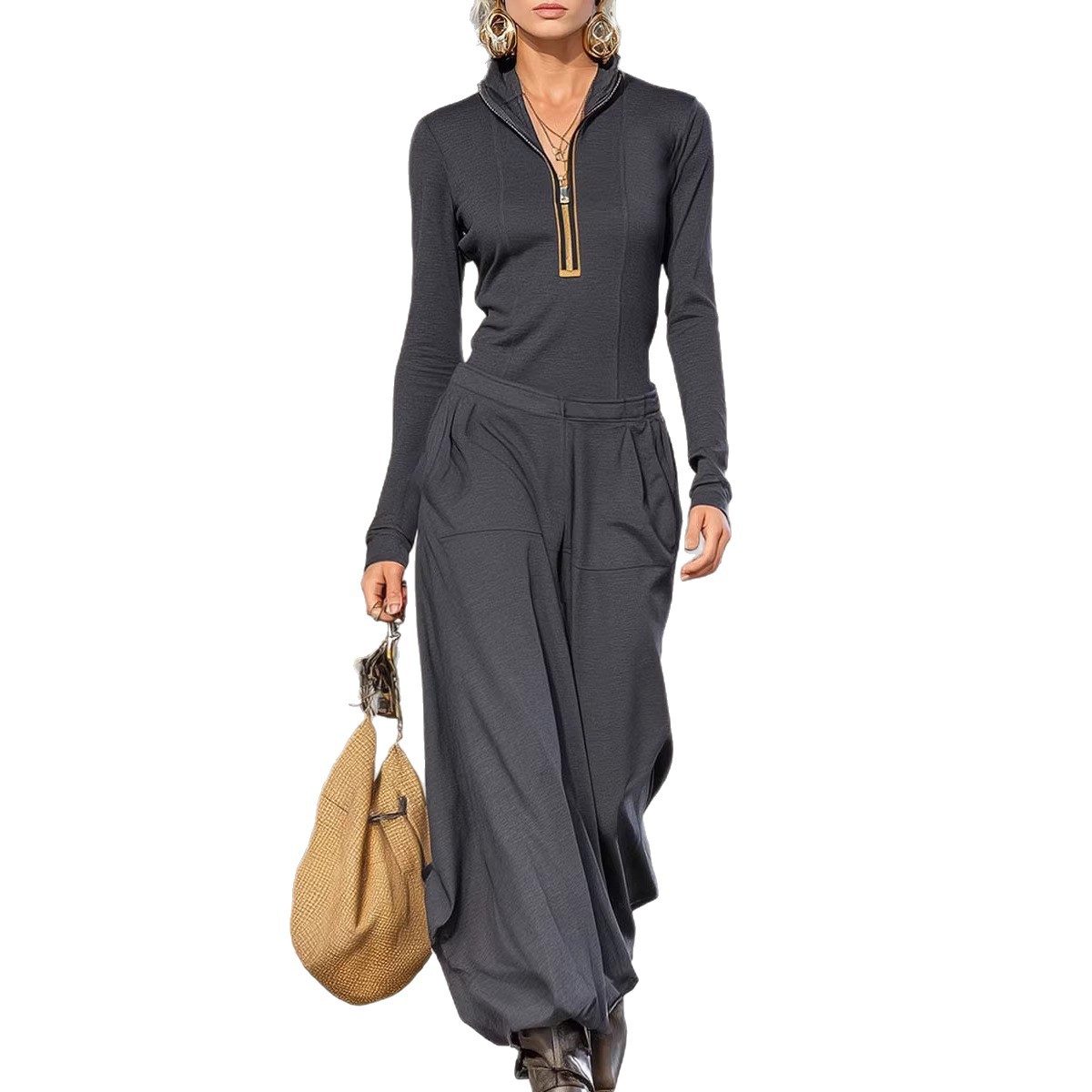 Women's Hooded Zip Solid Top & Wide-Leg Pocket Pants Two-Piece Set