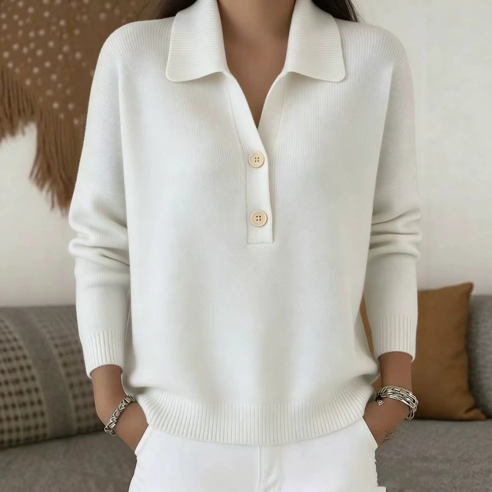 Women's Knit Sweater with Collar and Button Half-Placket Loose Casual