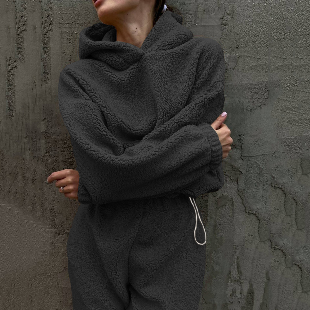 Fleece Solid Color Crewneck Long Sleeve Two-Piece Pant Set for Women