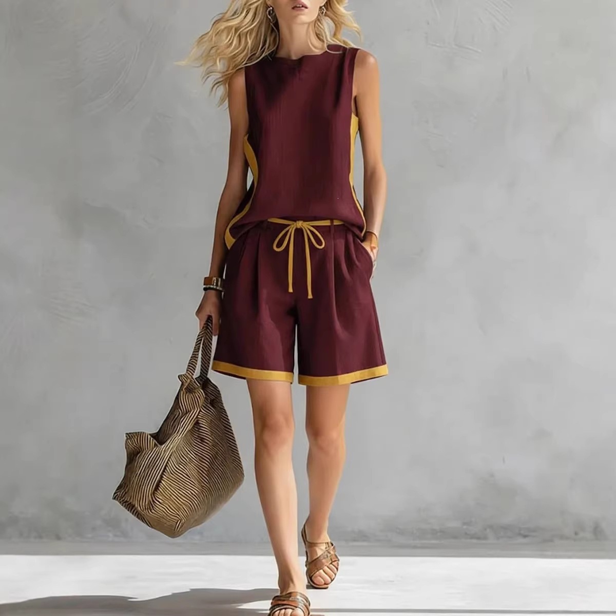 Women's Sleeveless Color-Block Wide-Leg Two-Piece Set Summer Casual