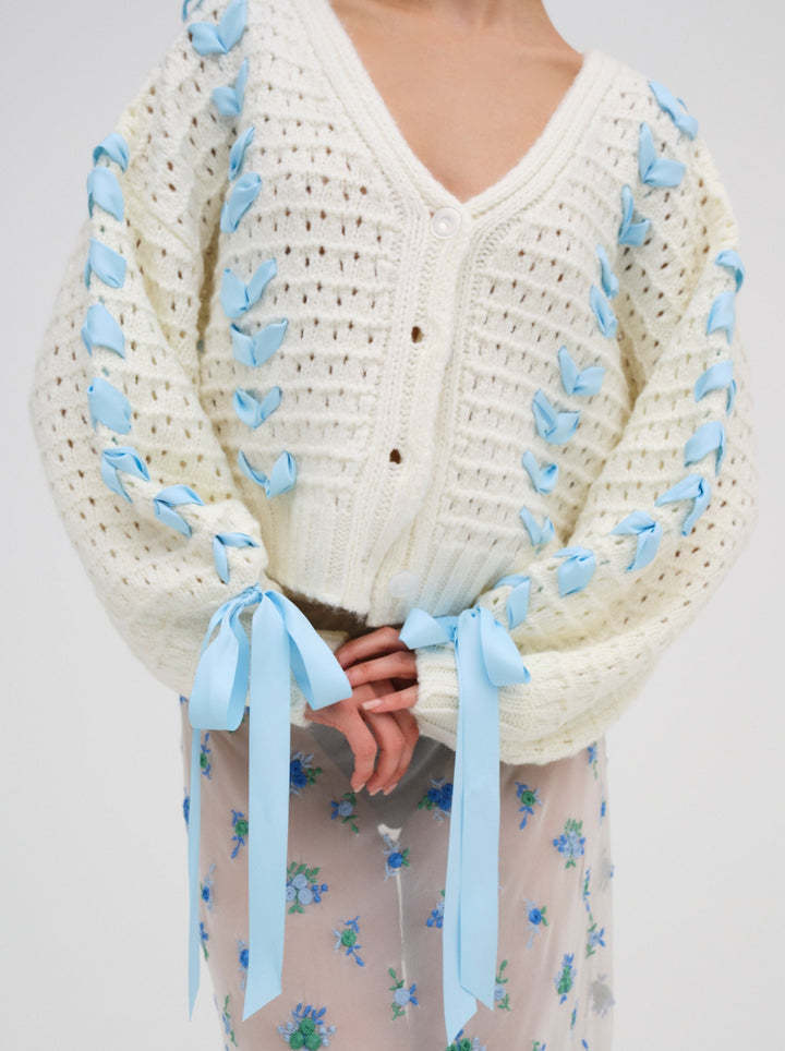 V-Neck Lace-Up Open Knit Cardigan Sweater Loose Casual Women's