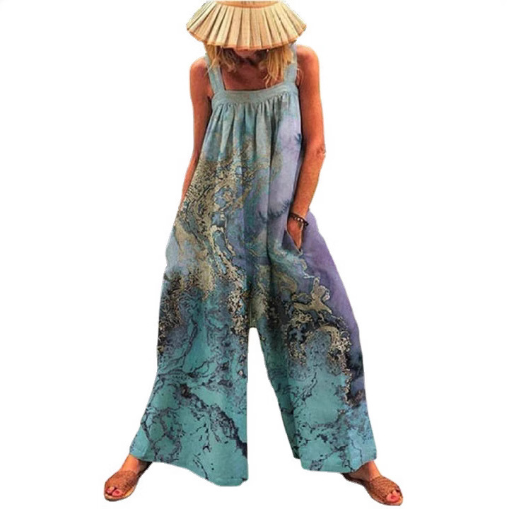 Women's Plus Size Floral Print Wide-Leg Jumpsuit with Straps