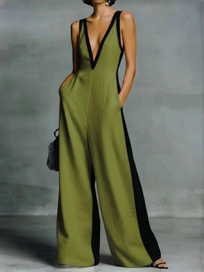 Deep V-Neck Colorblock Wide-Leg Jumpsuit
