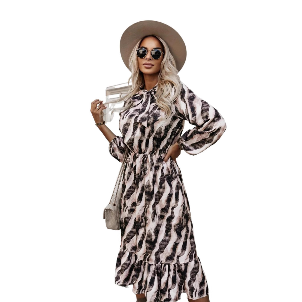 Sweet Bow Waist Zebra Print Long Sleeve Midi Dress