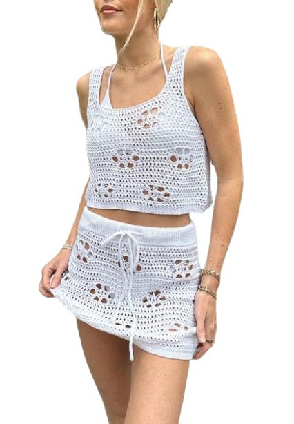 Women's Sleeveless Crop Top and Bodycon Mini Skirt Two-Piece Knit Set with Floral Cutout