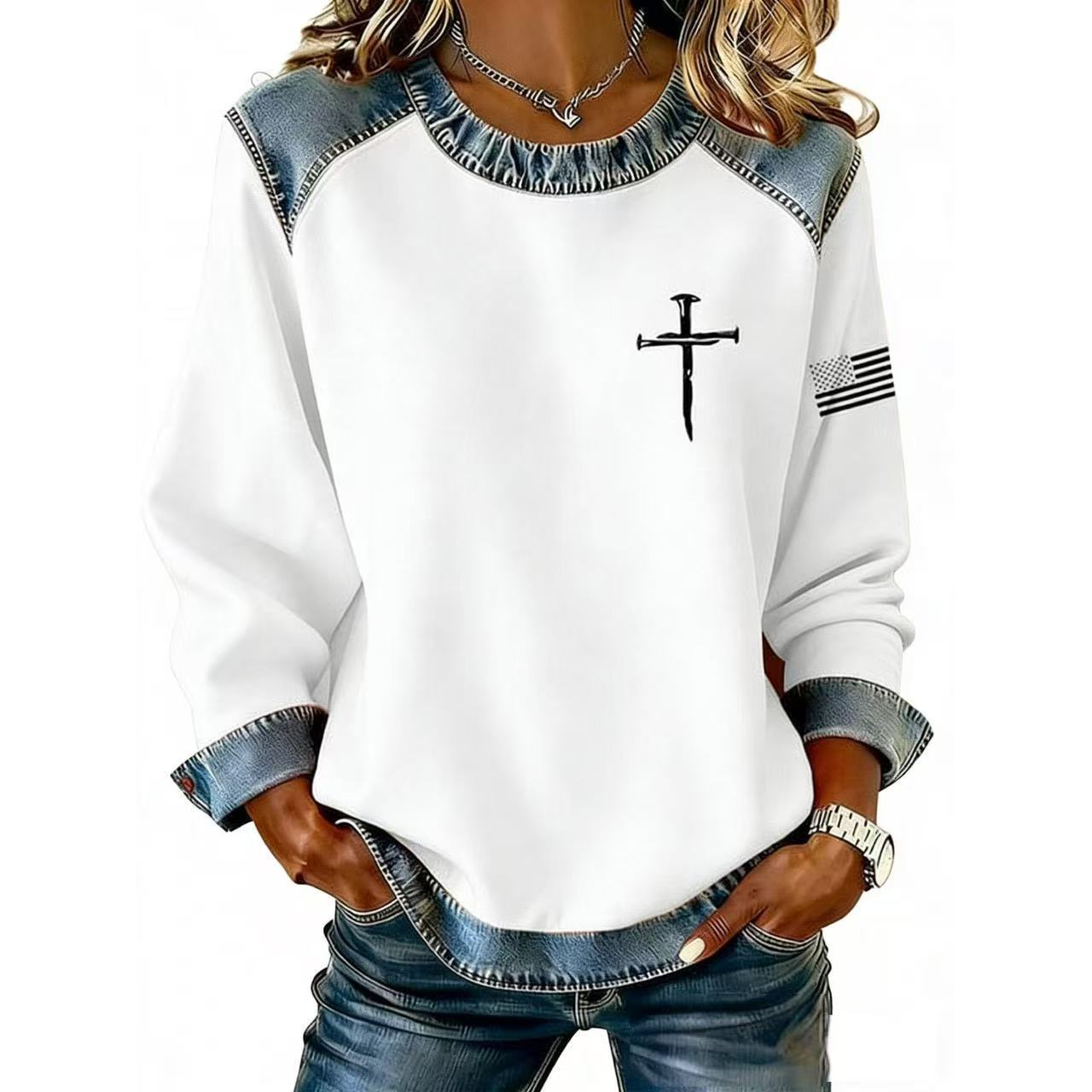 Denim Collar Colorblock Knit Pullover Sweater