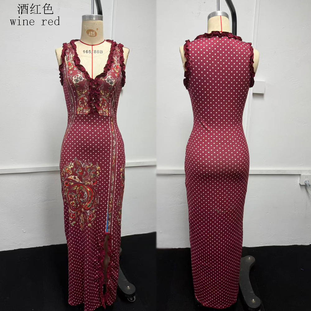 Women's Sleeveless V-Neck Digital Print Slit Long Dress