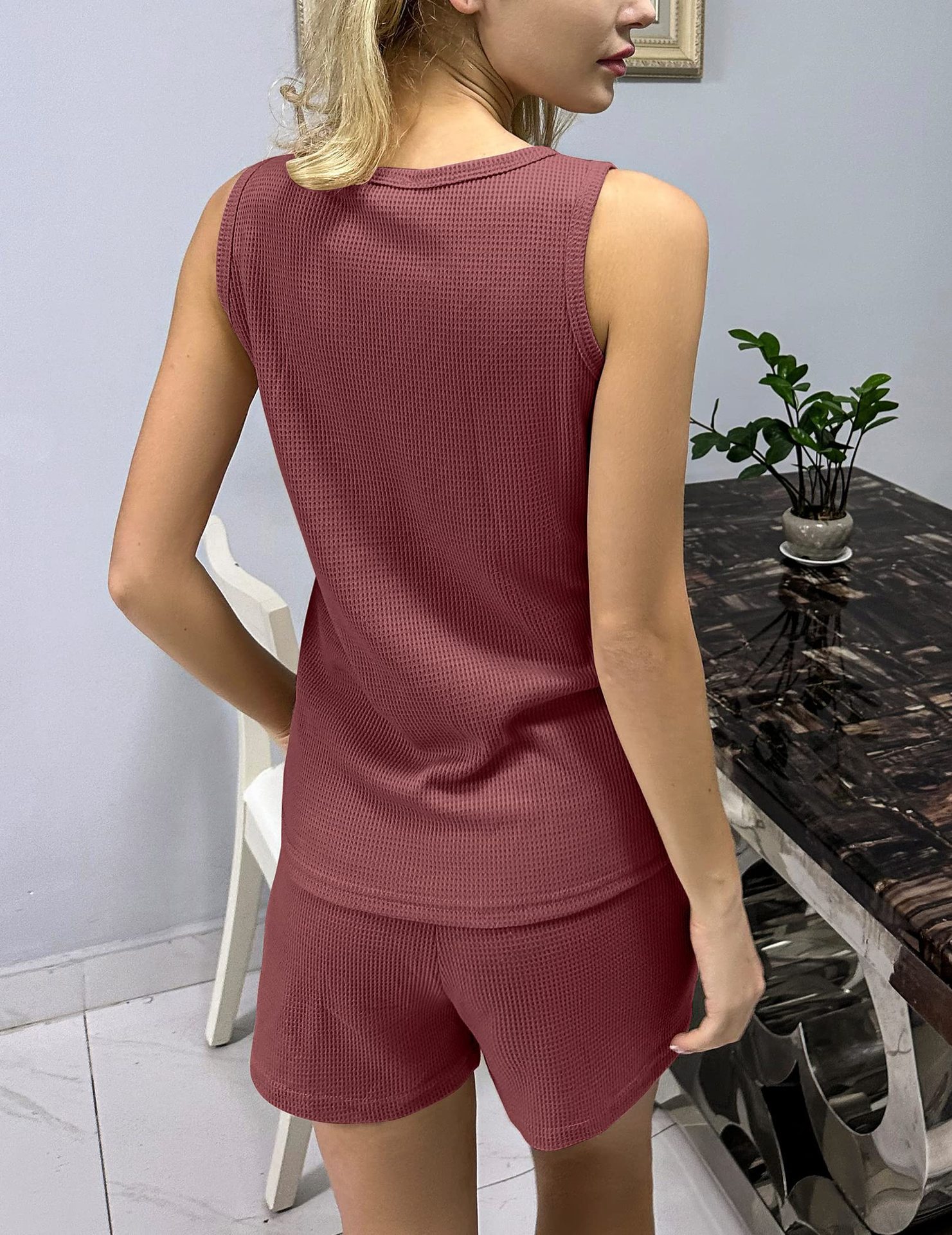 Women's V-Neck Tank Top and Shorts Set Waffle Knit Loose Casual Sportswear