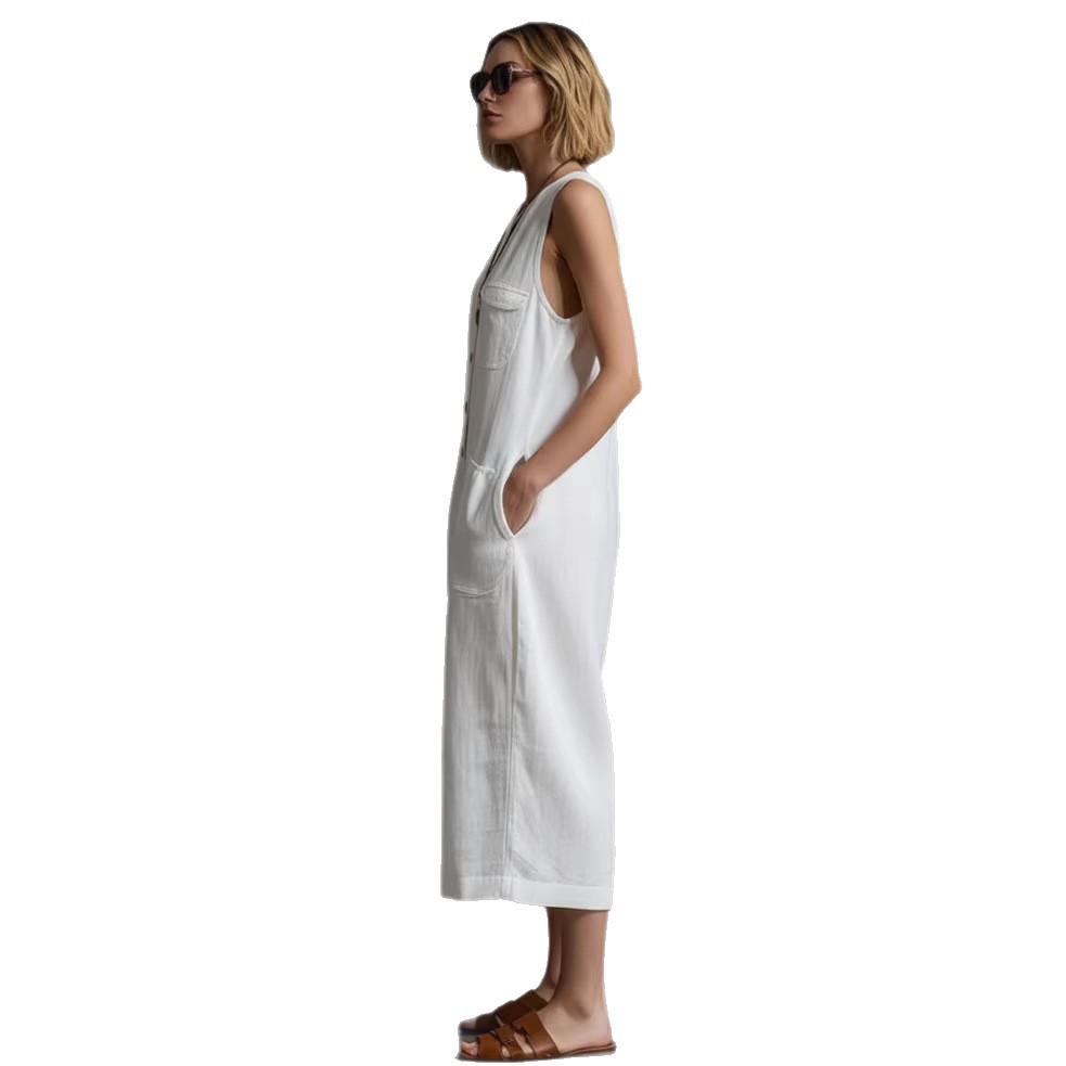 Women's Sleeveless Cotton-Linen Wide-Leg Capri Jumpsuit