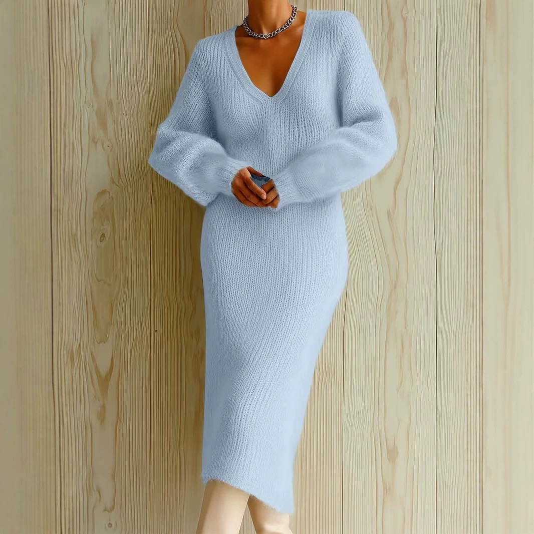 Women's Fuzzy V-Neck Bubble Sleeve Long Dress