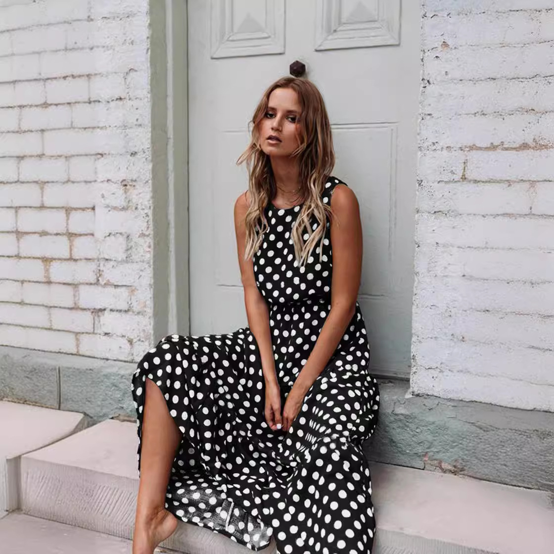 Polka Dot Print Round Neck Long Dress
