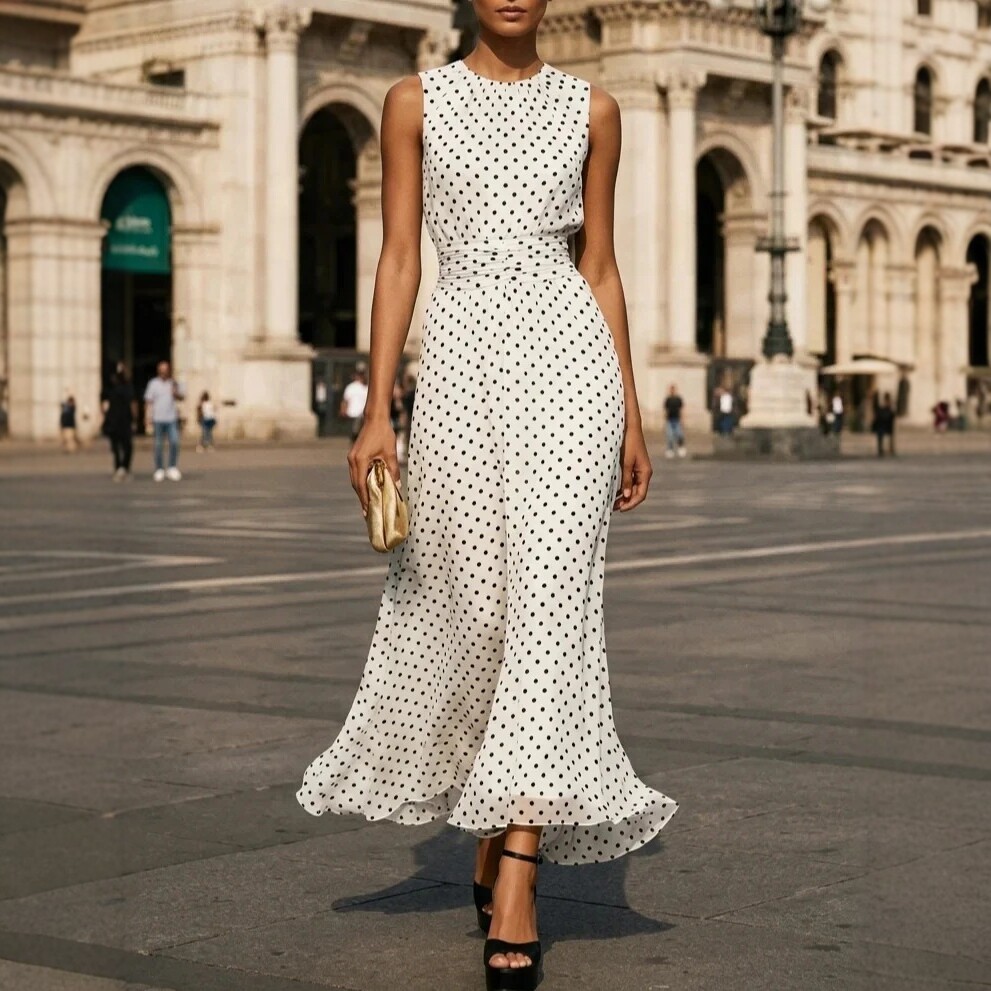 Women's Polka Dot Sleeveless A-Line Midi Dress with Cinched Waist