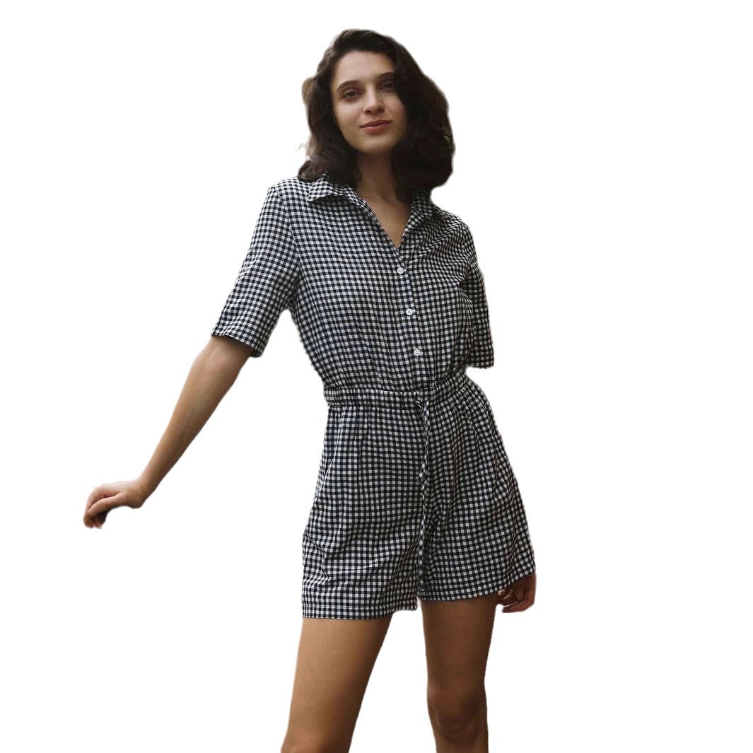 Plaid Belted Wide-Leg Jumpsuit with Shirt Collar