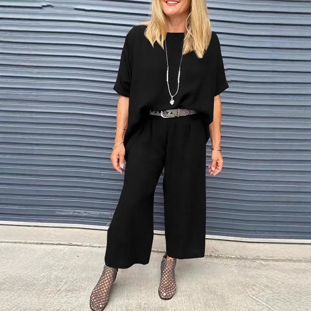 Women's Summer Casual Round Neck Half-Sleeve Top and Wide-Leg Pants Set