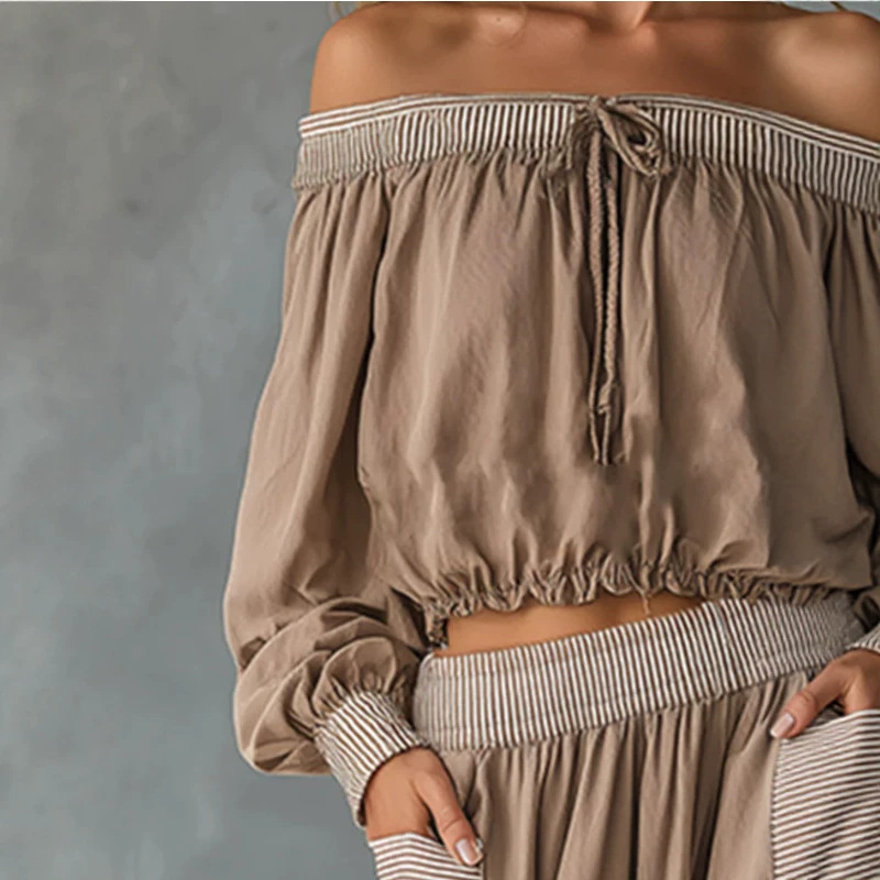 Elegant Striped-Trim Off-Shoulder Khaki Top and Skirt Set