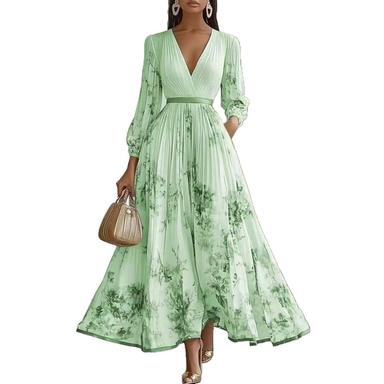 Elegant Floral Print V-Neck Waist-Cinching French Dress