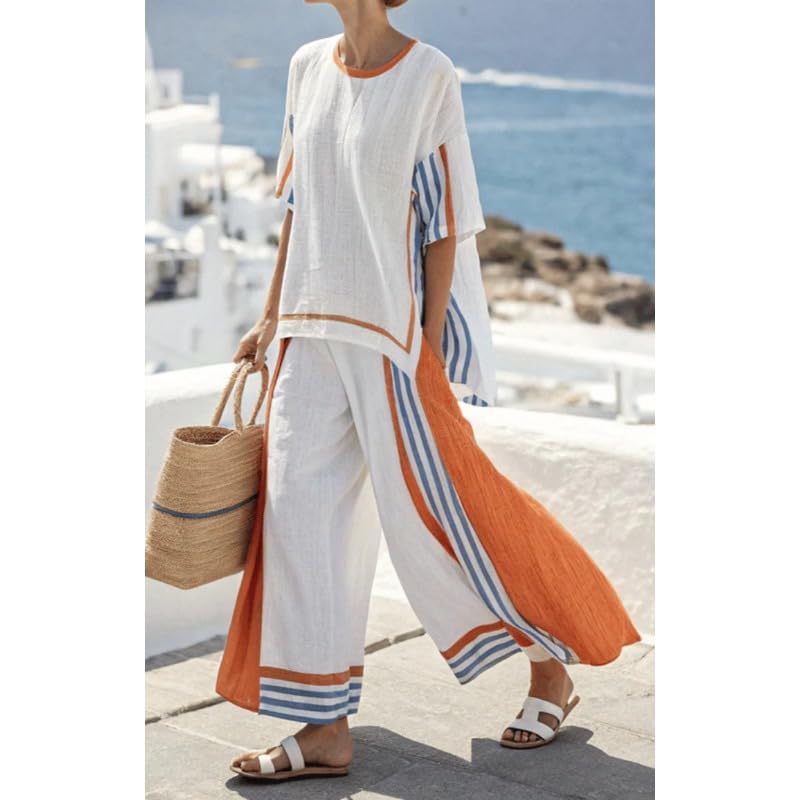 Bohemian Print Crewneck Short Sleeve Top and Pants Casual Set