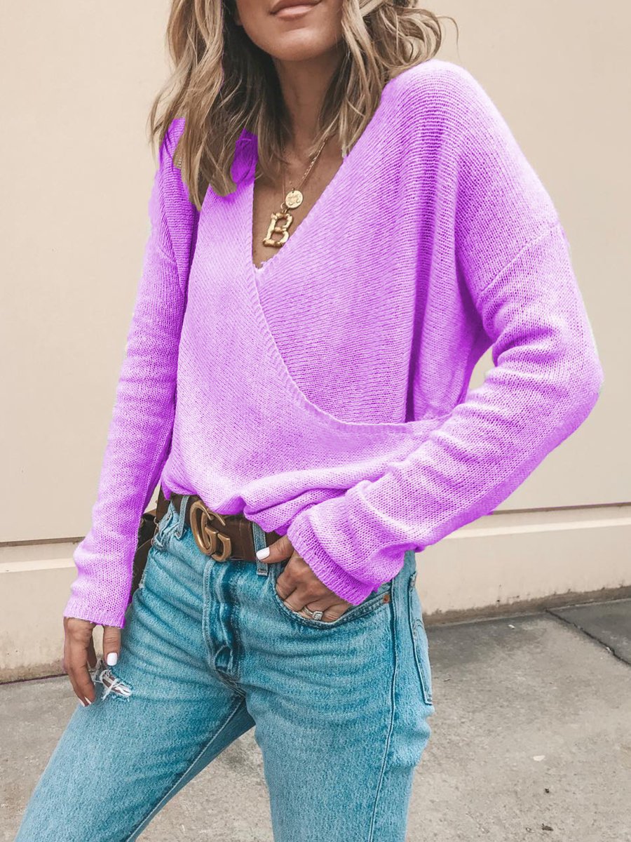 Women's Casual Solid Color Long Sleeve Knit Sweater Top