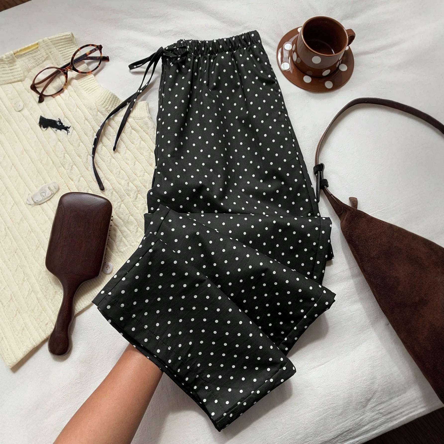 Women's Wide-Leg Polka Dot Print Elastic Waist Casual Straight Pants
