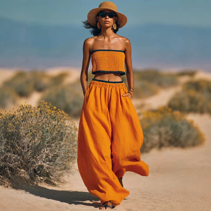 Color-Block Smocked Top & Wide-Leg Pants Set