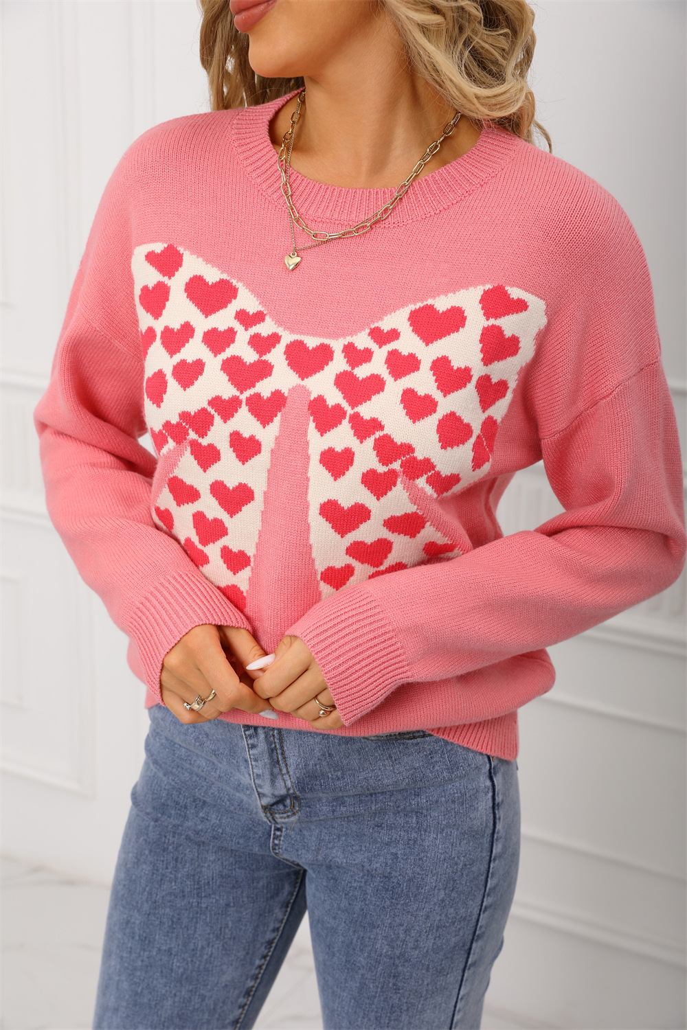 Women's Crewneck Long Sleeve Bow Heart Knit Sweater