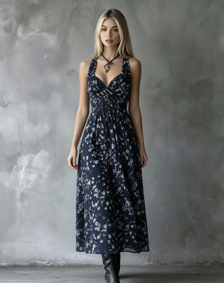 Women's Halter Floral Midi Dress V-Neck Waist-Cinching A-Line Vacation