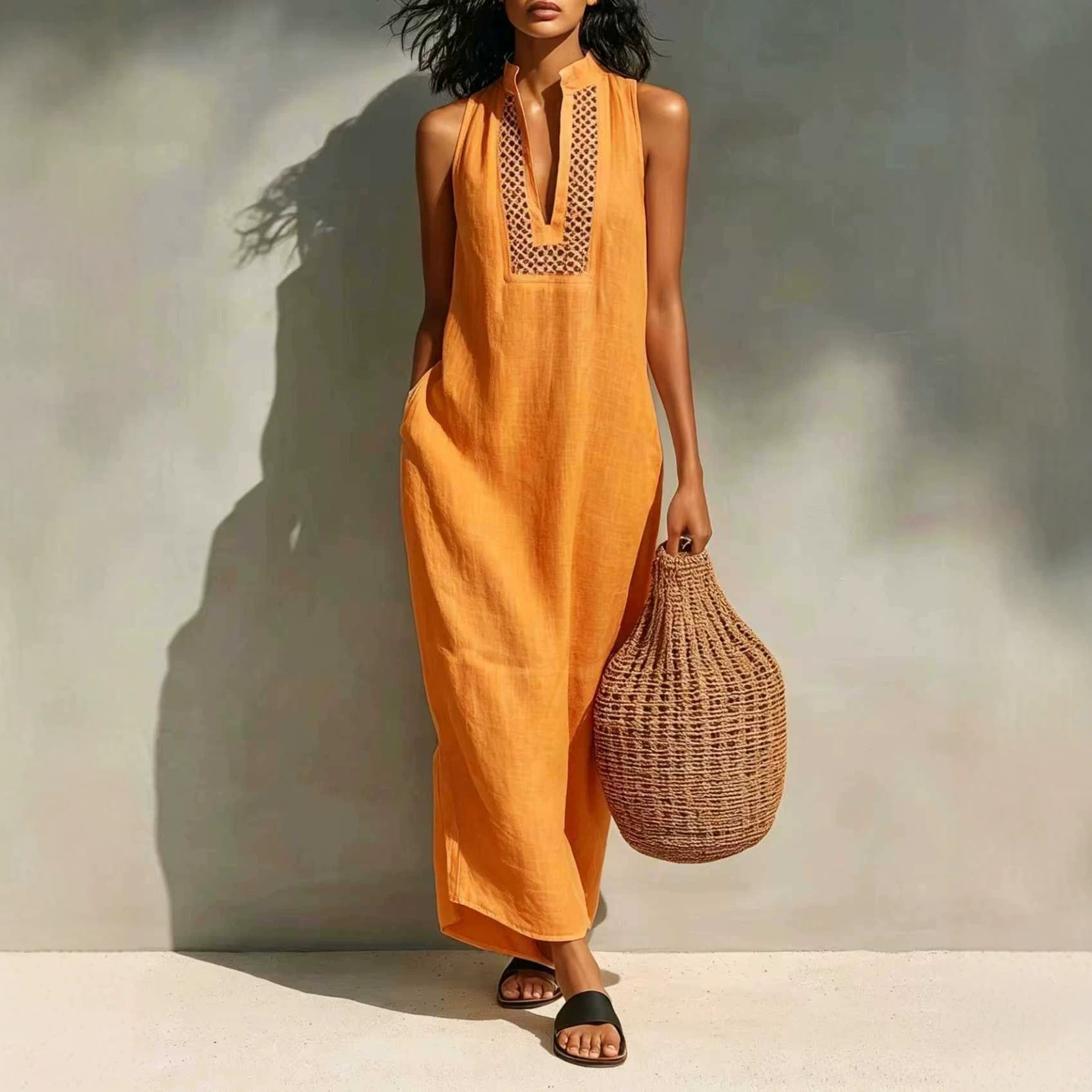 Women's Summer Sleeveless V-Neck Cutout Maxi Dress