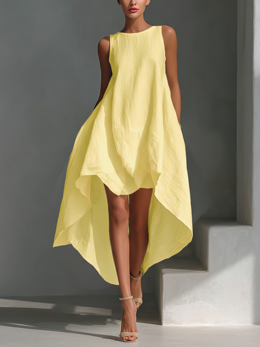 Cotton-Linen Sleeveless High-Low Midi Dress