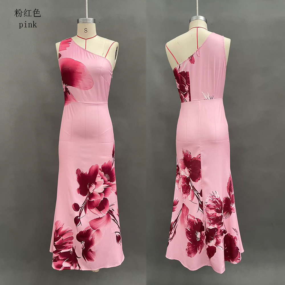 Blue Floral One-Shoulder Long Dress Elegant Evening Gown