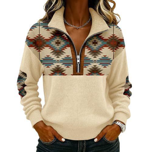 Retro Tribal Print Half-Zip Hoodie for Women