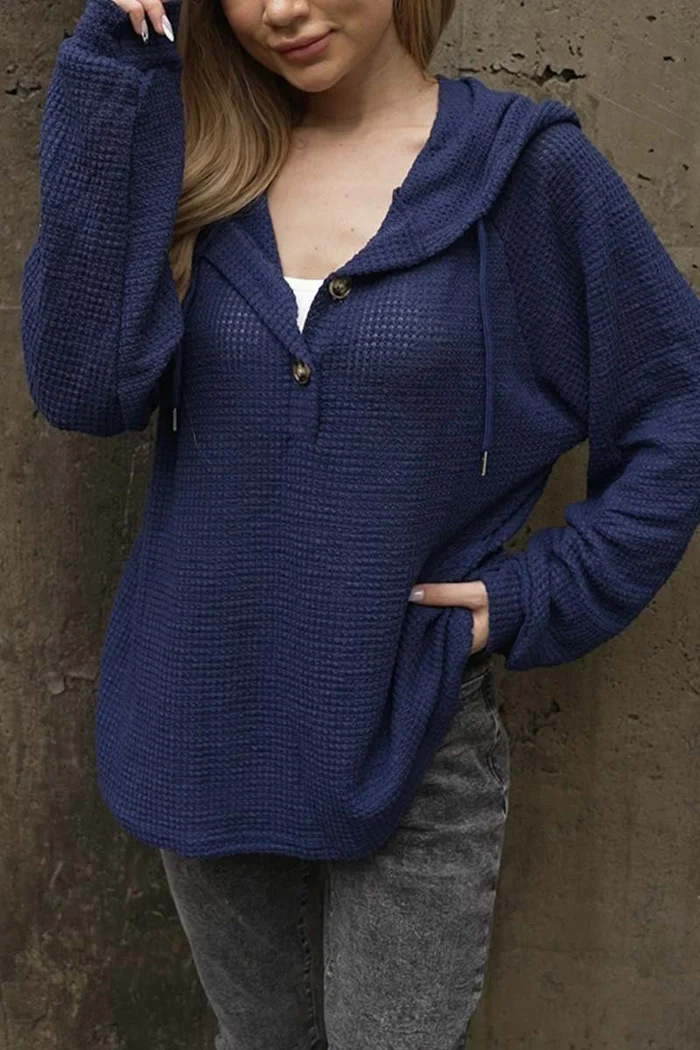 Pineapple Grid Textured Button Drawstring Hooded V-Neck Loose Long-Sleeve Sweatshirt
