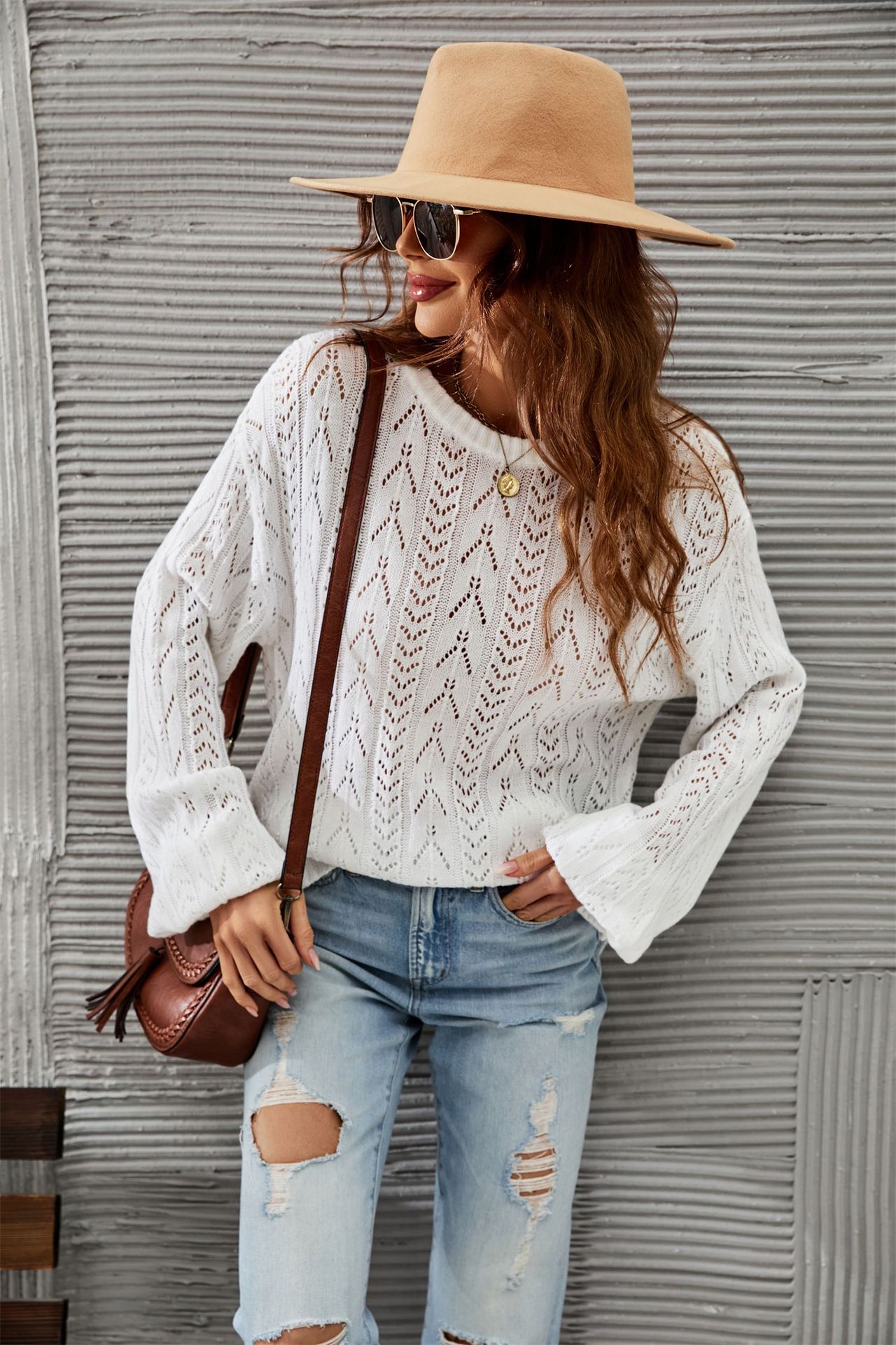 Open-Knit Crewneck Pullover Sweater