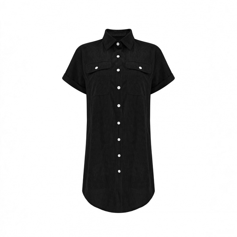 Corduroy Shirt Dress Short Sleeve Collared Loose Fit