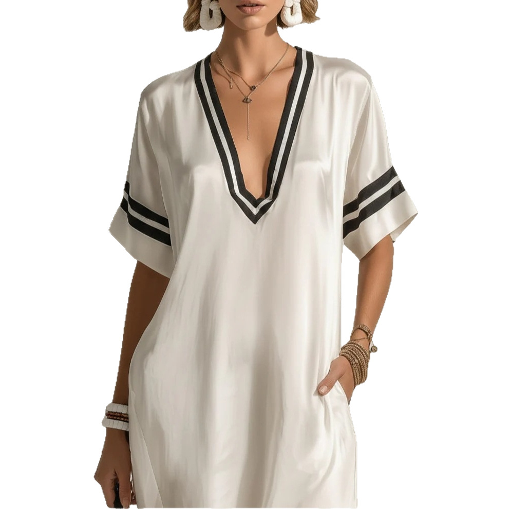 Satin Striped Deep V-Neck Short Sleeve Long Dress with Side Slit