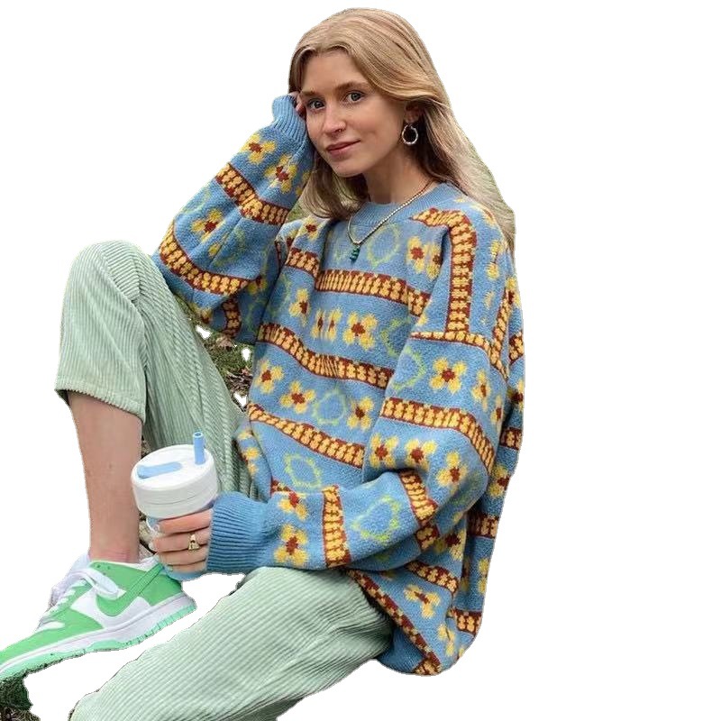 Light Blue Retro Striped Knit Top Women's Loose Long Sleeve Pullover Sweater