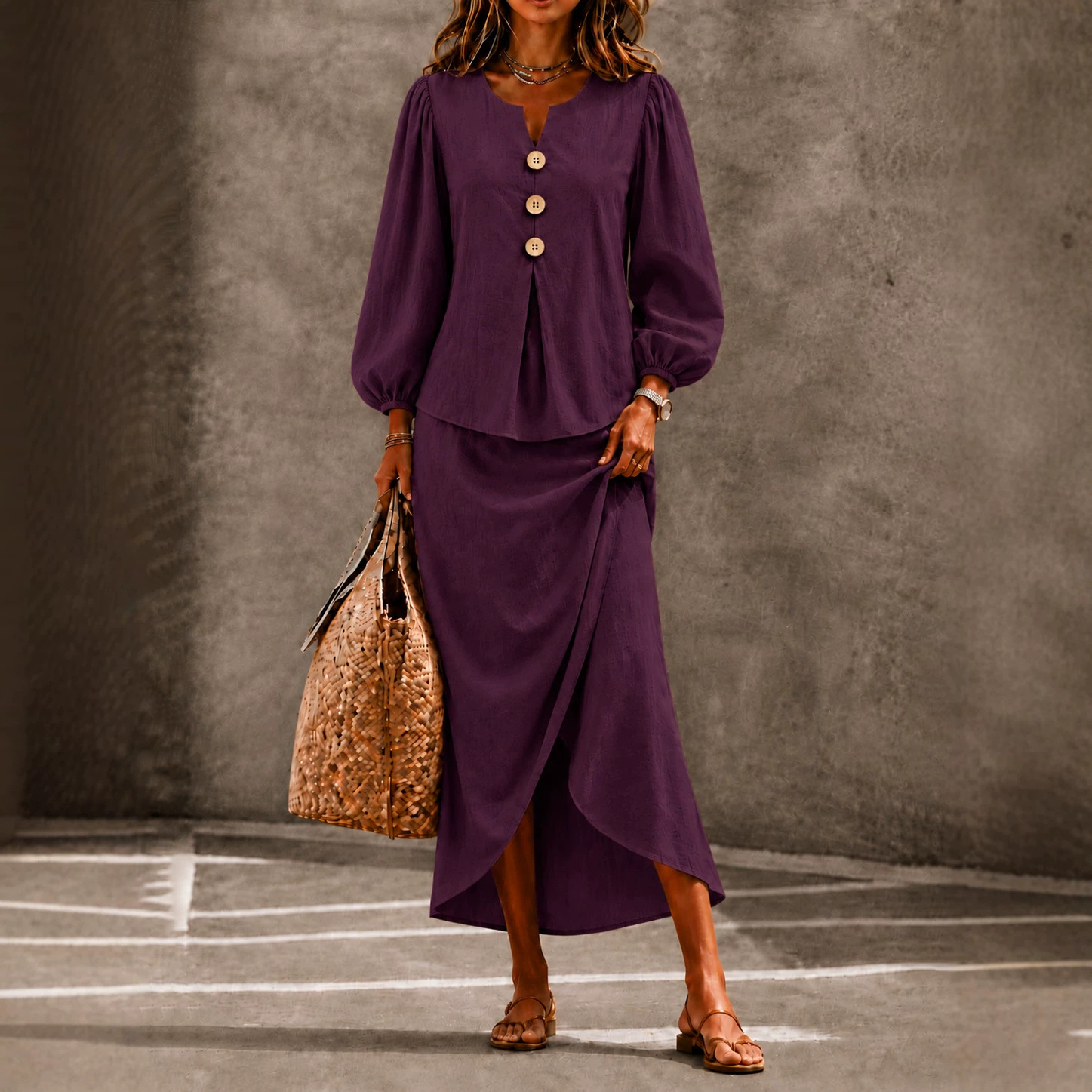 Women's Two-Piece Set with Round-Neck Button Top and Lantern Sleeves, Long Skirt